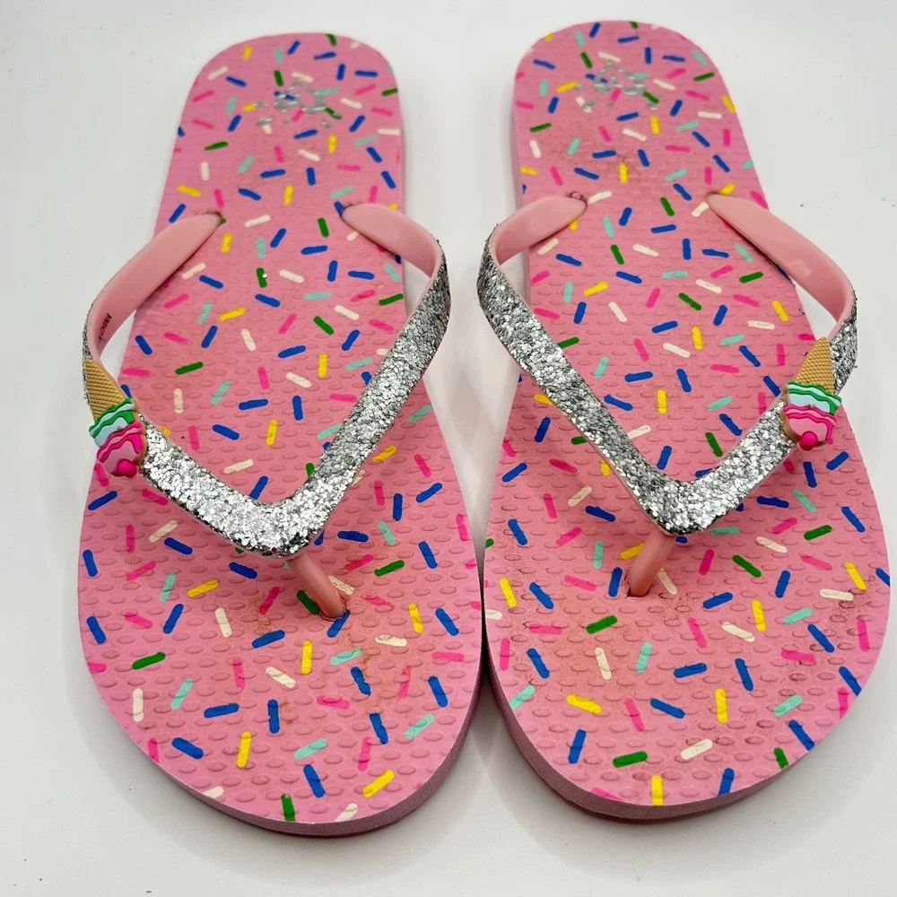 Justice Girls Flip Flop Bundle Pink‎ Sprinkles Grey Tie Dye Glitter Size 6-7
